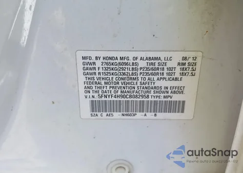 2012 Honda Pilot Touring из США, поврежденный, VIN 5FNYF4H90CB082958